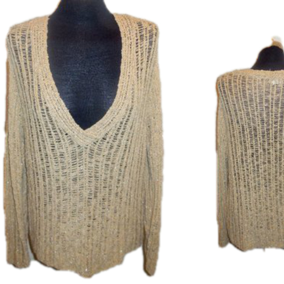Pullover Sweater Chico's size 3 V-Neck Tan Golden Lurex long sleeve - Picture 2 of 4